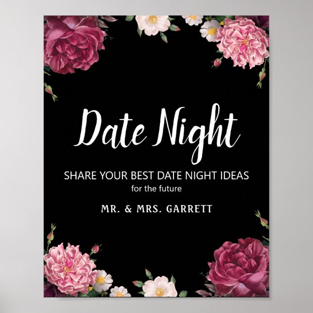 Affiche Élégant panneau de nuit de date de fleurs bordeaux (Devant)