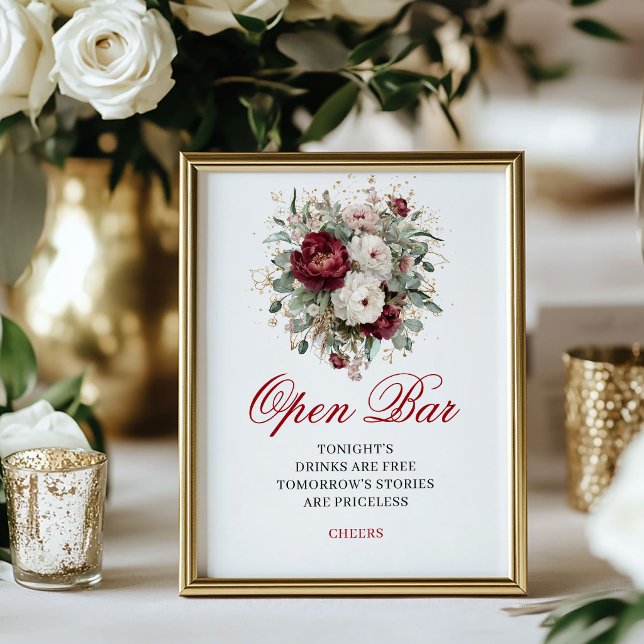 Affiche Élégant panneau de table ouvert en burgundy blush (Stylish Blush Burgundy Open Bar Tabletop Sign)