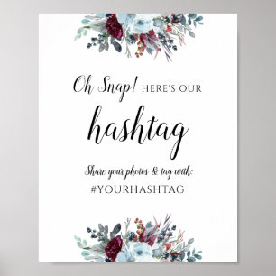 Affiche Élégant panneau Hashtag floral bleu et bordeaux