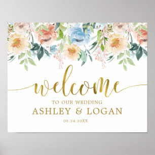 Affiche Elégant Pastel Blue Floral Mariage Bienvenue