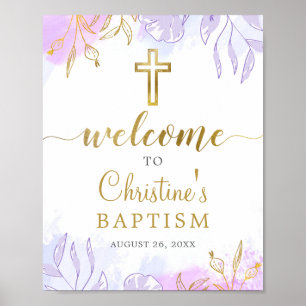 Affiche Elégant Pastel Purple Gold Floral Baptism Bienvenu
