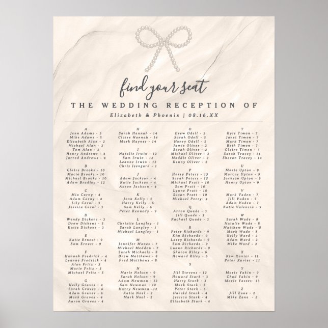 Affiche Elegant Pearl Bow Alphabetical Guest Seating Chart (Devant)