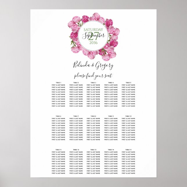 Affiche Élégant Peonies roses Mariage Seonies Chart (Devant)