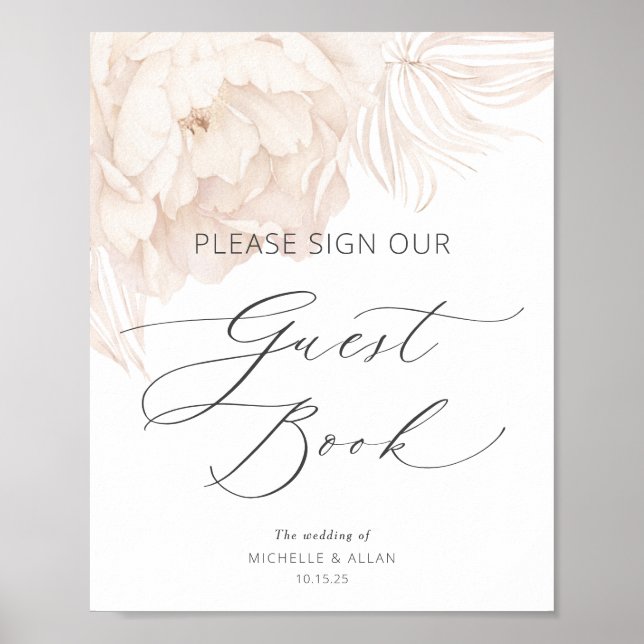 Affiche Elegant peony in beige-wedding guest book sign (Devant)