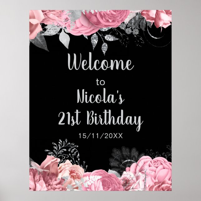 Affiche Elegant Pink and Silver Flowers Birthday Part  (Devant)