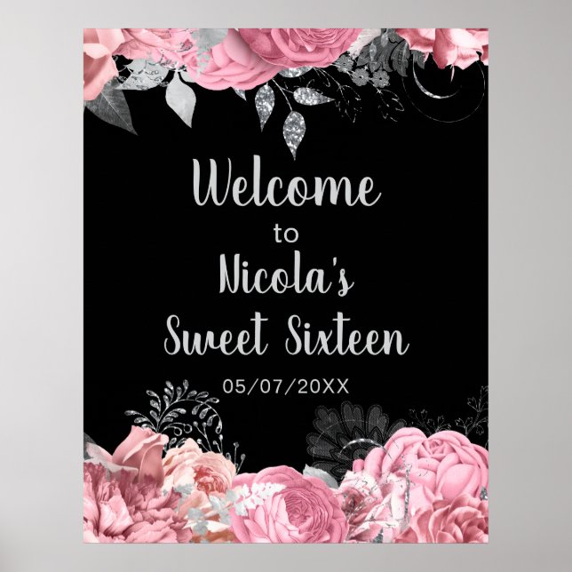 Affiche Elegant Pink and Silver Flowers Sweet Sixteen  (Devant)