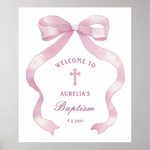 Affiche Élégant Pink Bow Baptism Bienvenue