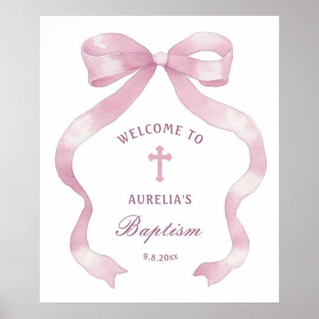 Affiche Élégant Pink Bow Baptism Bienvenue (Devant)