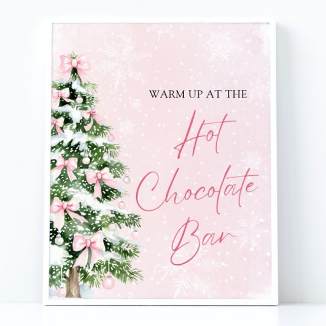 Affiche Élégant Pink Bows Christmas Tree Hot Chocolate Bar (Watercolor Pink Bows Christmas Tree Hot Cocoa Bar Sign)