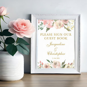 Affiche Elegant Pink Floral Wedding Sign Our Guest Book