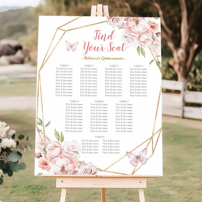 Affiche Élégant Pink Gold Floral Quinceañera Seating Chart (Créateur téléchargé)