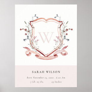 Affiche Elegant Pink Wildflower Crest Monogram Birth Stat