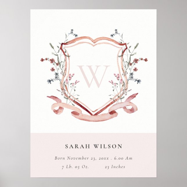 Affiche Elegant Pink Wildflower Crest Monogram Birth Stat (Devant)