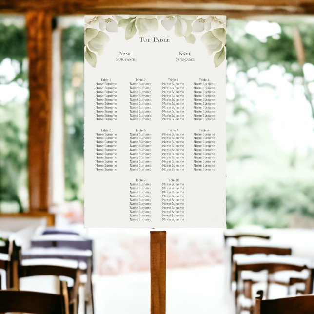 Affiche Élégant plan de siège Mariage de feuillage vert (Elegant Green Foliage Wedding Seating Plan Poster from Ricaso. )