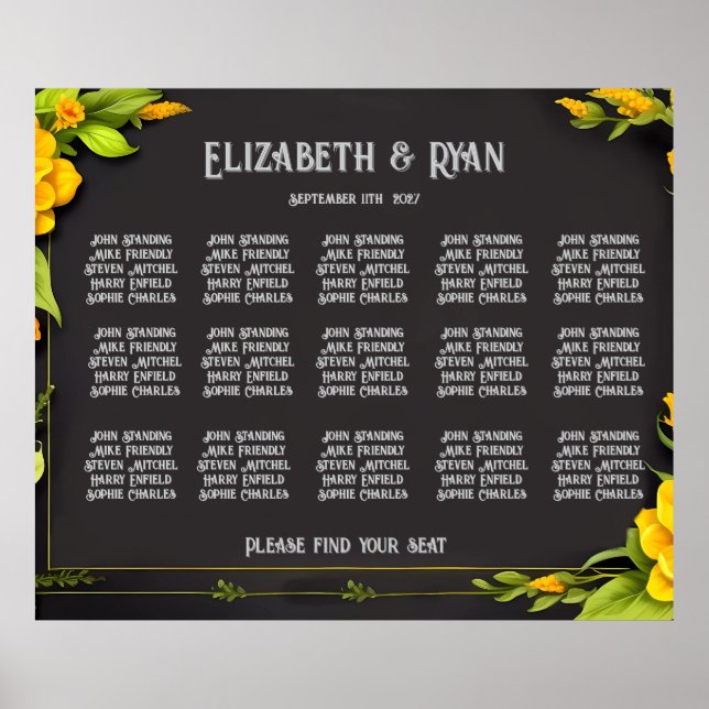 Affiche Elégant plan de table Mariage Floral Jaune (Devant)