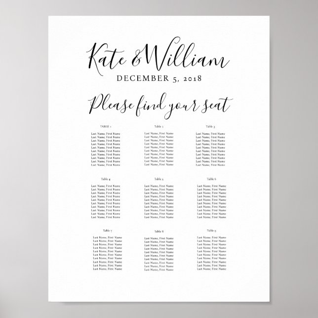 Affiche élégant plan de table partie/mariage (Devant)