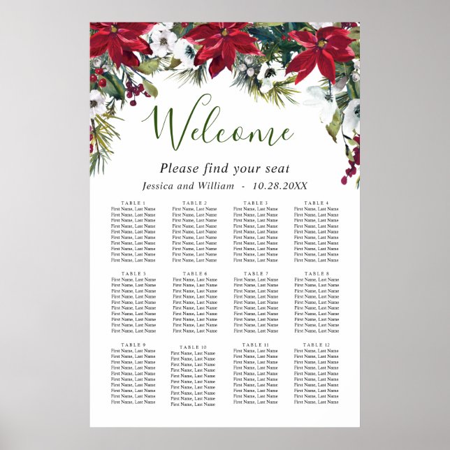 Affiche Élégant Poinsettia 12 Tables Mariage CHART DE SIÈG (Devant)