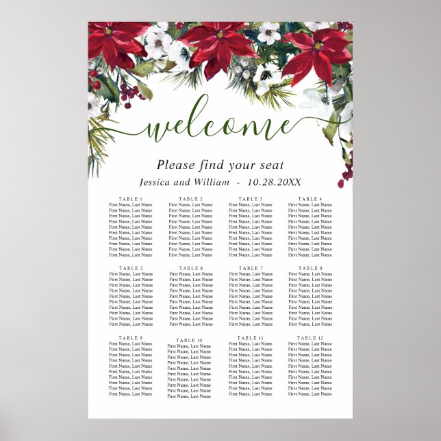 Affiche Élégant Poinsettia 12 Tables Mariage CHART DE SIÈG (Devant)