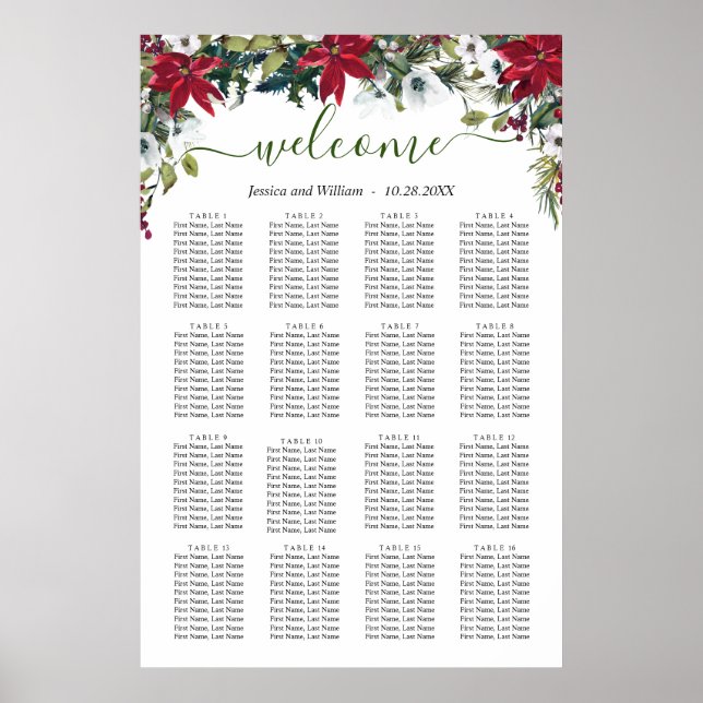Affiche Élégant Poinsettia 16 Tables Mariage CHART DE SIÈG (Devant)