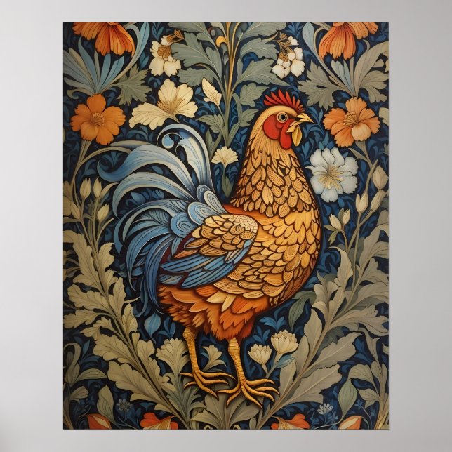 Affiche Élégant poulet William Morris Inspiré Floral (Devant)