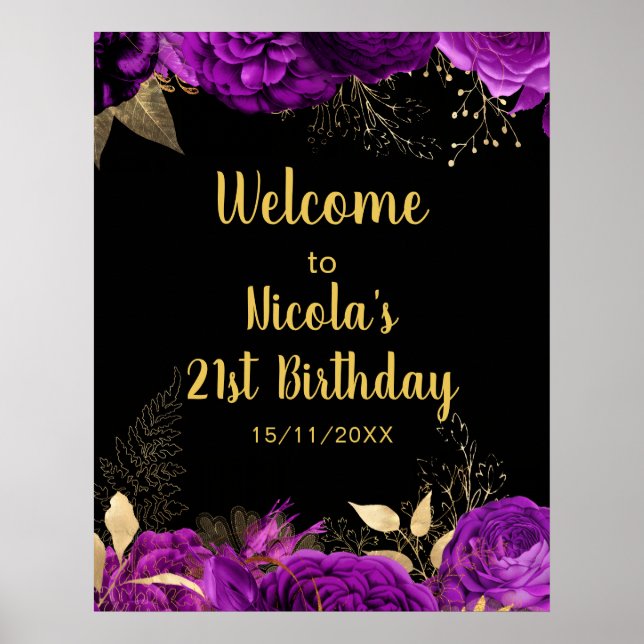 Affiche Elegant Purple and Gold Flowers Birthday Party  (Devant)