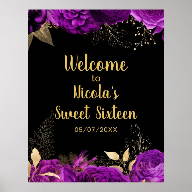 Affiche Elegant Purple and Gold Flowers Sweet Sixteen  (Devant)