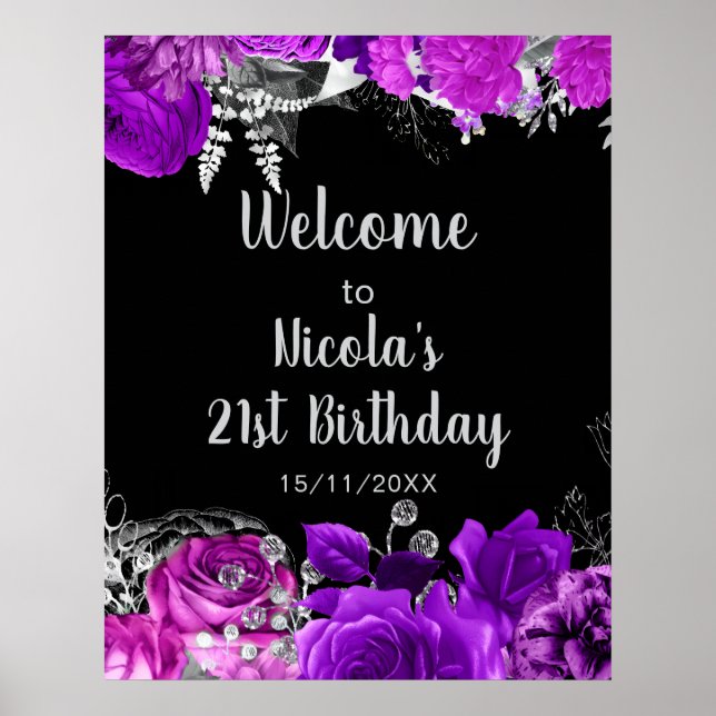Affiche Elegant Purple and Silver Flowers Birthday Party  (Devant)