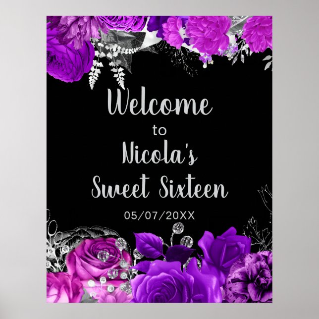 Affiche Elegant Purple and Silver Flowers Sweet Sixteen  (Devant)