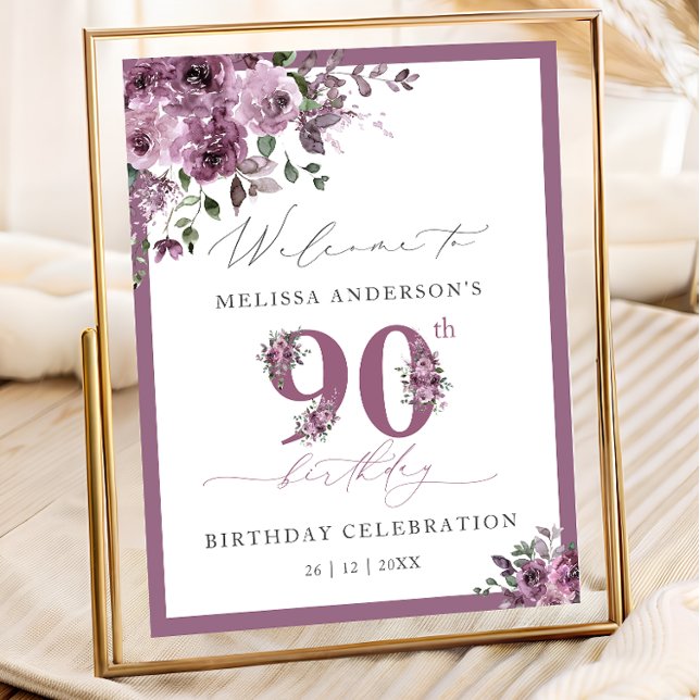 Affiche Elegant Purple Floral 90th Birthday Welcome (Créateur téléchargé)