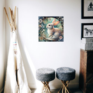 Affiche Elégant Rabbit Art Nouveau En Cadre Floral Pâques