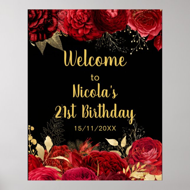 Affiche Elegant Red and Gold Flowers Birthday Part Welcome (Devant)