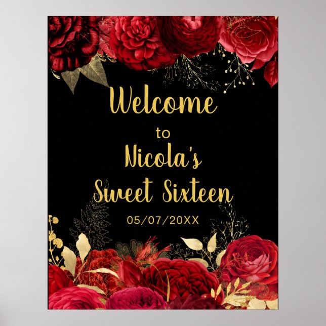 Affiche Elegant Red and Gold Flowers Sweet Sixteen Welcome (Devant)