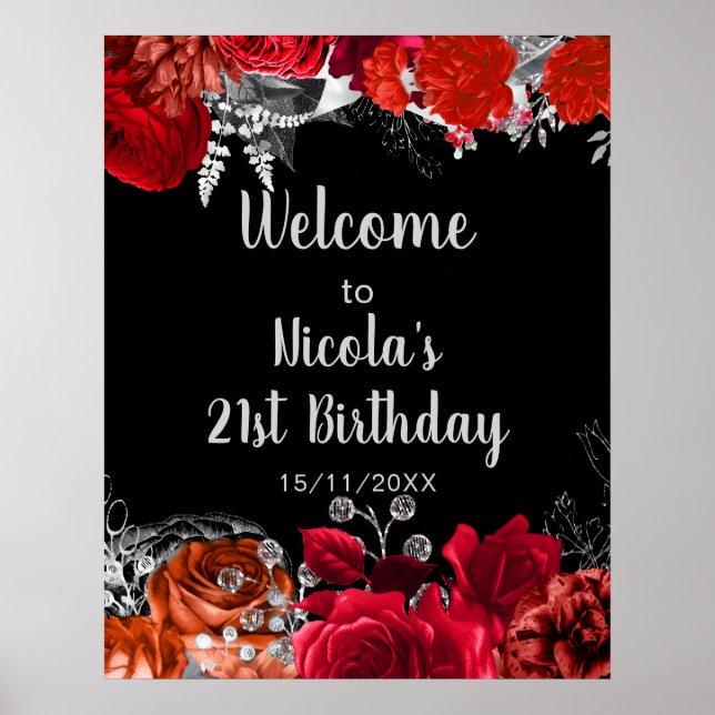 Affiche Elegant Red and Silver Flowers Birthday Part  (Devant)