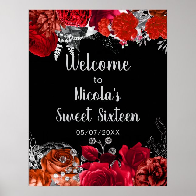 Affiche Elegant Red and Silver Flowers Sweet Sixteen  (Devant)