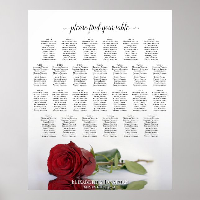 Affiche Elegant Red Rose 26 Table Wedding Seating Chart (Devant)