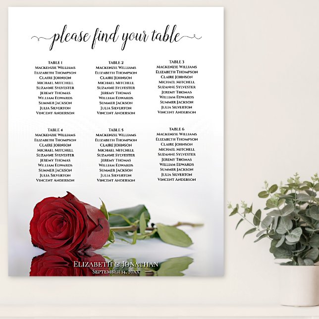 Affiche Elegant Red Rose 6 Table Wedding Seating Chart (In Situ on Wall)