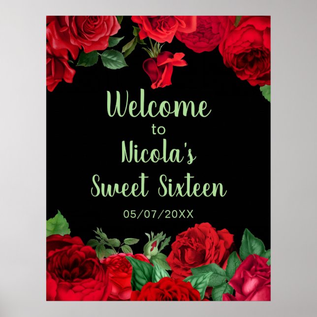 Affiche Elegant Red Roses Flowers Sweet Sixteen (Devant)