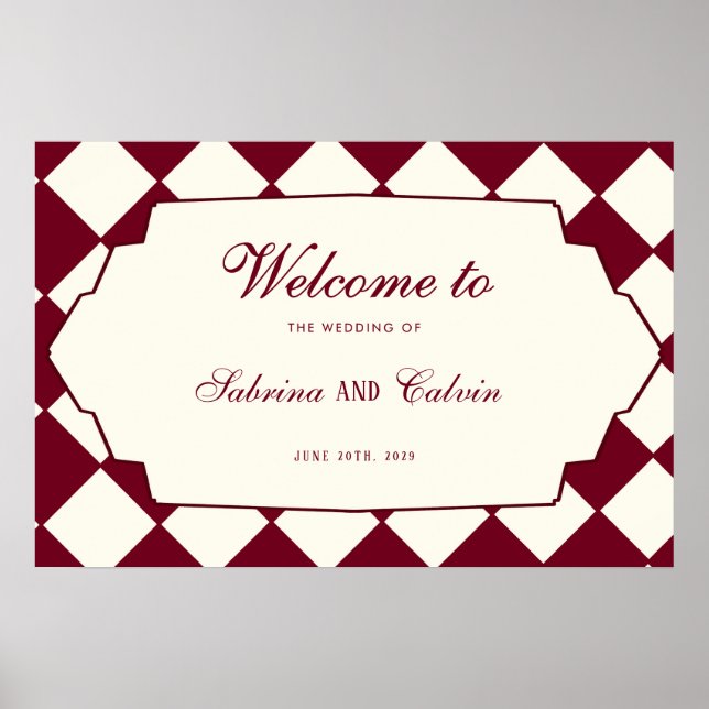 Affiche Elegant Retro Checkered Burgundy Wedding Welcome (Devant)