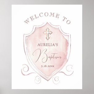 Affiche Elégant rose Aquarelle Crest Baptism Bienvenue