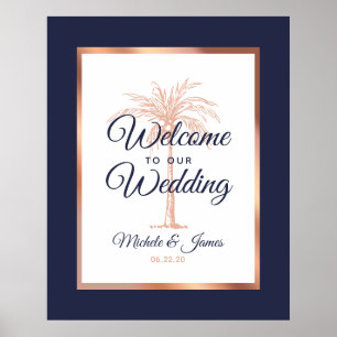 Affiche Elégant Rose bleu marine Gold Palm Mariage Bienven