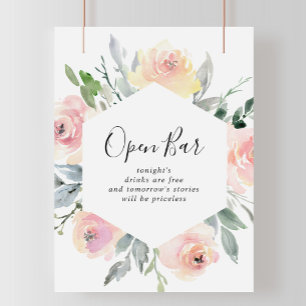 Affiche Élégant rose Blush Floral Mariage Open Bar Sign