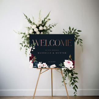 Affiche Élégant Rose de bienvenue Gold Bourgogne & Navy Fl