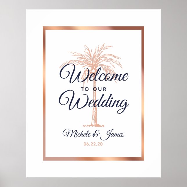 Affiche Elégant Rose de la Marine Gold Palm Tree Mariage B (Devant)