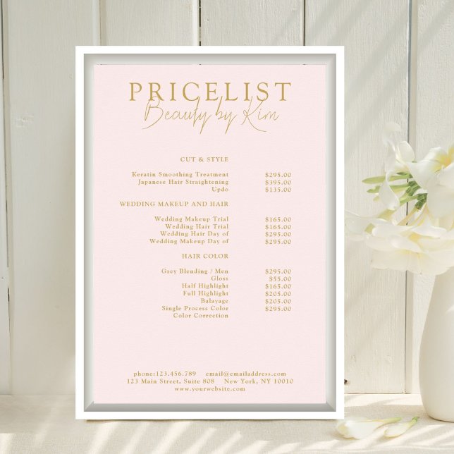 Affiche Elégant rose et beige-or, Salon Prix (Personalized Pink & Beige-Gold Elegant, Salon Price List Poster)