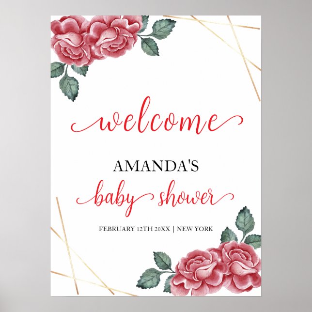 Affiche Elégant Rose Floral Baby shower  d'amour Bienvenue (Devant)