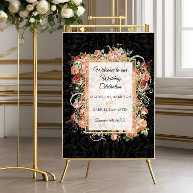 Affiche Élégant Rose Floral Blush Black Welcome Mariage (Créateur téléchargé)