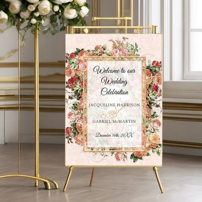 Affiche Élégant Rose Floral Blush Gold Welcome Mariage (Créateur téléchargé)