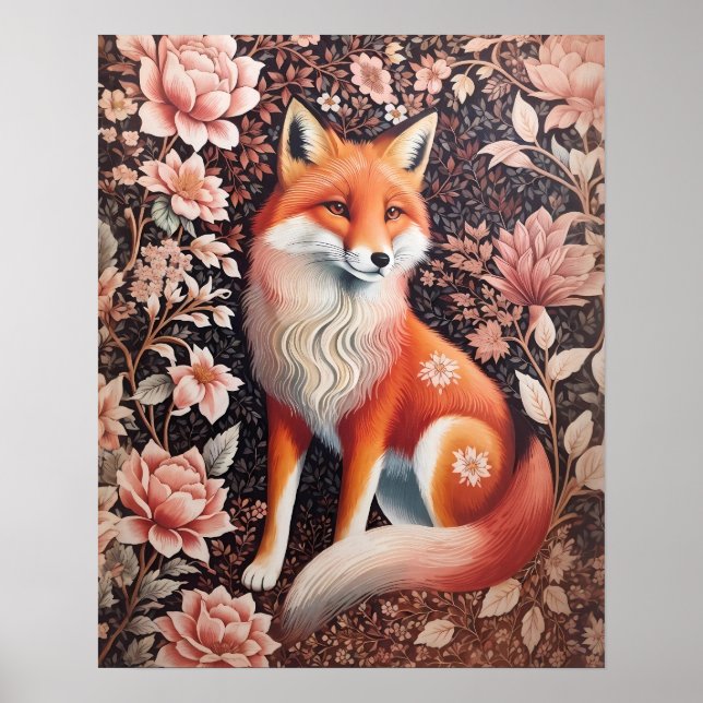 Affiche Elégant rose Floral Fox William Morris Inspiré (Devant)