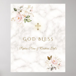Affiche Élégant rose floral or Baptême Dieu Bless Sign