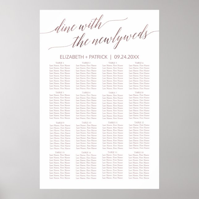 Affiche Élégant Rose Gold Calligraphie Seing Chart (Devant)